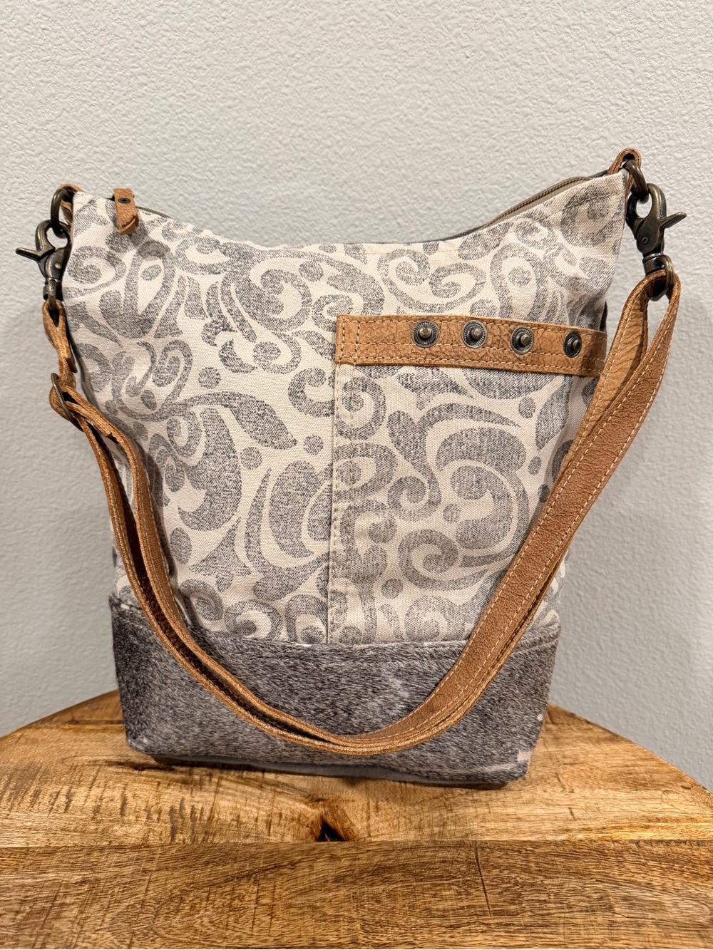 Myra Bag Floral Cowhide & Upcycled Canvas Shoulder Bag (Style S-1126)